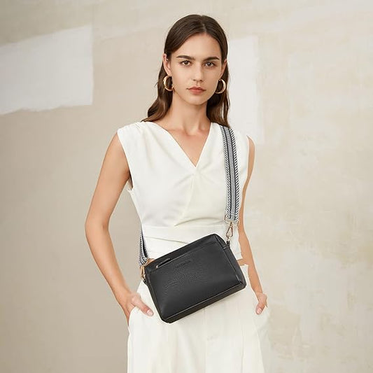 Small Crossbody Purse for Women Triple Zip Cell Phone Leather Handbag with Colored Shoulder Strap